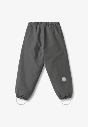 Pilkos spalvos, lengvos medžiagos kelnės su elastinga liemene ir raišteliais ant apačios, puošti apvaliais akcentais. Lygus paviršius, modernus dizainas, tinkamas kasdieniam dėvėjimui.