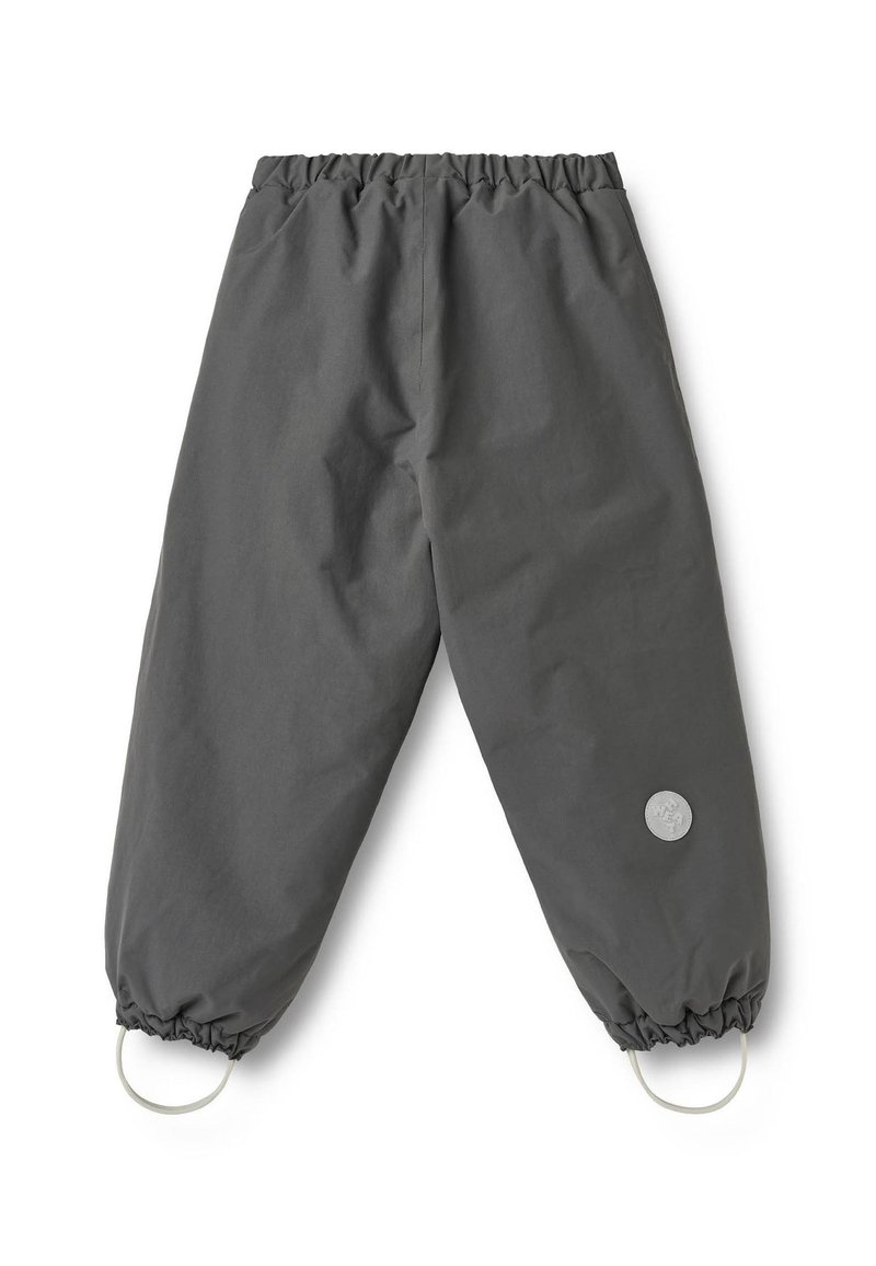 Gray, lightweight, elastic-waisted pants with drawstring cuffs and circular accents. Smooth texture, modern design, suitable for casual wear.