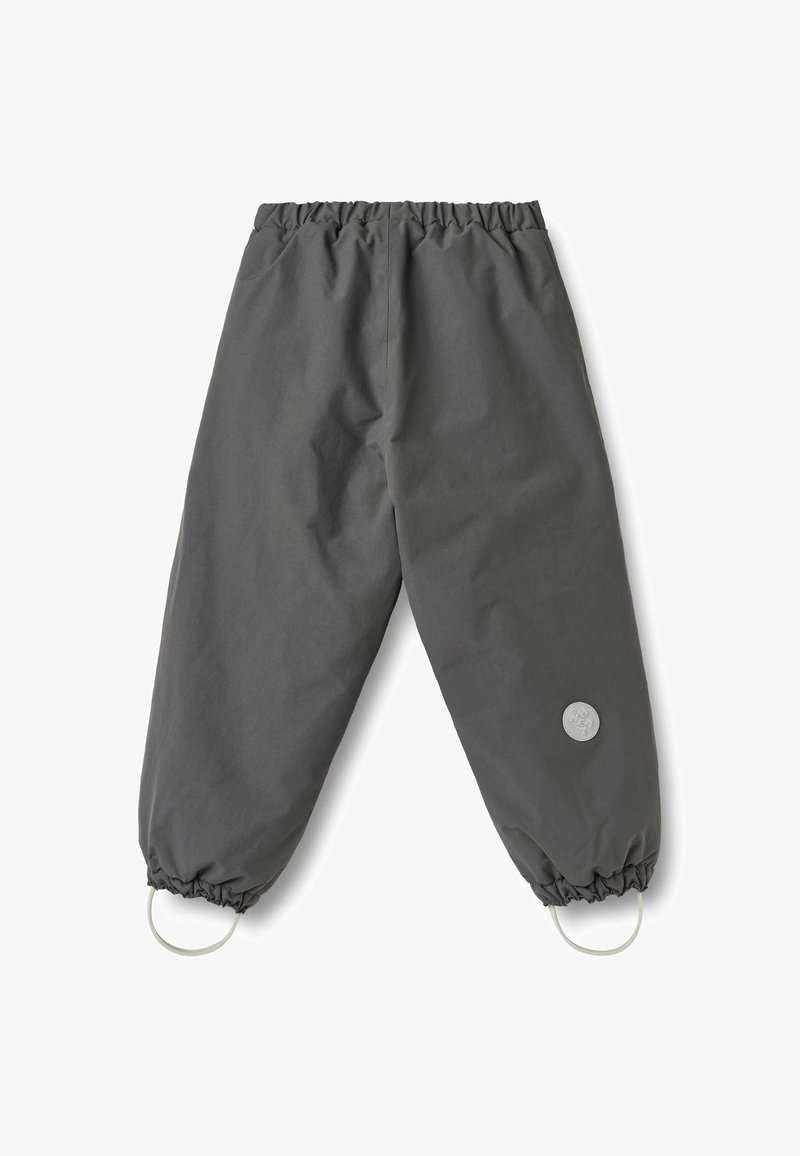 Graue, leichte Hosen mit elastischem Bund, Kordelzügen an den Säumen und runden Akzenten. Glatte Textur, modernes Design, geeignet für legere Kleidung.