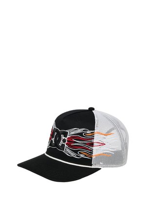 Black and white mesh baseball cap with red, orange, and white flame design and DC logo on front panel.