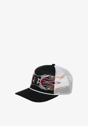 Schwarz-weiße Baseballkappe aus Mesh mit rotem, orangefarbenem und weißem Flammendesign sowie DC-Logo auf der Vorderseite.