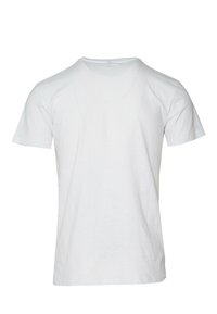 T-shirt bianca in cotone con maniche corte e scollatura rotonda. Il tessuto sembra morbido e leggero con una consistenza liscia. Nessun motivo visibile.