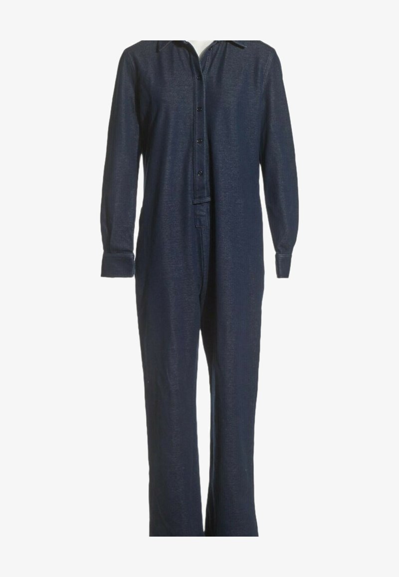 Combinaison bleu marine à manches longues avec col et fermeture boutonnée sur le devant, coupe décontractée et jambes droites.