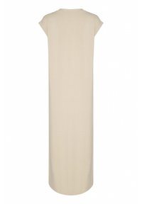 Helles beige, knie-langes Kleid mit lockerer Passform. Kurze Kappenärmel und runder Ausschnitt. Hergestellt aus weichem, glattem Stoff. Einfaches Design.