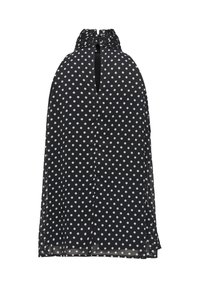 Haut noir sans manches à pois blancs, col montant froncé et détail d'ouverture en forme de trou de serrure à l'avant.