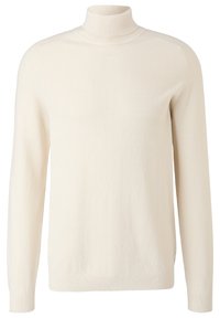 Pull à col roulé couleur crème avec un motif en maille texturée, manches ajustées et col côtelé. Design simple et classique.