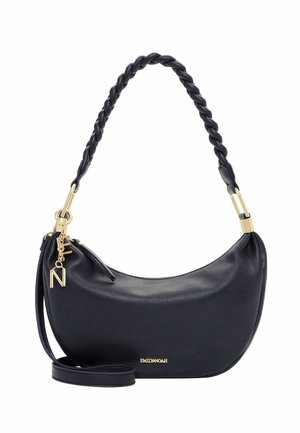 Sort, halvmåneformet læderhåndtaske med flettet håndtag, aftagelig rem, gulddetaljer og lille gult "EMILY & NOAH"-logo.