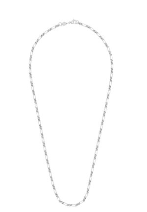 Sølv kædehalskæde med forlængede led med rektangulære accenter. Glat tekstur, blank overflade og sikker låse detaljer.