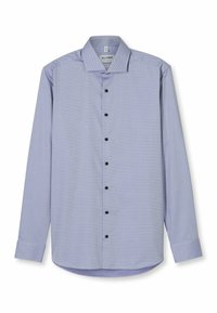 Light blue button-up shirt with a patterned fabric, long sleeves, black buttons, and a classic collar. Straight hem with cuffed sleeves.