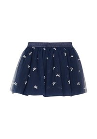Gonna in tulle blu navy con motivi a fiocco glitterati argento e una cintura elastica scintillante, progettata per bambini.