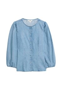 Blusa in denim blu chiaro con maniche a sbuffo, scollatura rotonda, chiusura frontale con bottoni e leggere pieghe alle spalle e ai polsini.