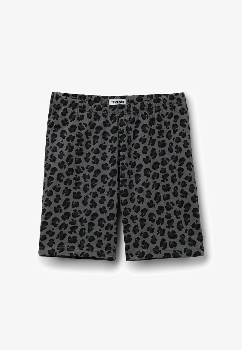 Shorts gris foncé à taille élastique avec motif léopard noir, longueur au genou et coupe droite.