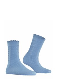 Jasnoniebieskie skarpetki z teksturowanym wzorem w diamenty, z prążkowanym wykończeniem i falbaniastymi krawędziami. Wykonane z miękkiego, elastycznego materiału.