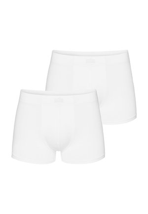 Two plain white men's boxer briefs displayed against a white background, showing front and side details.