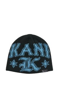 Beanie negru tricotat cu text îndrăzneț de culoare albastră "KANI" și elemente grafice, având o textură fină și o etichetă logo subtilă.