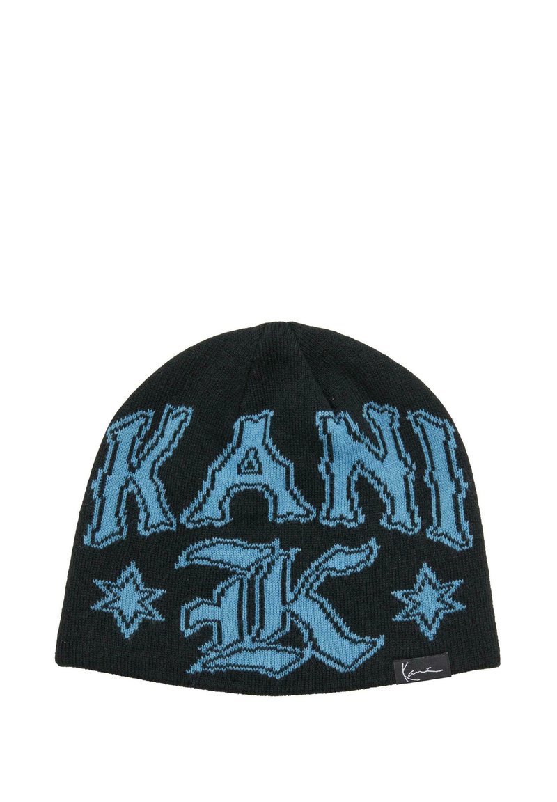 Beanie negru tricotat cu text îndrăzneț de culoare albastră "KANI" și elemente grafice, având o textură fină și o etichetă logo subtilă.