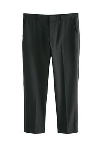 Pantalons de costume noirs à coupe droite, présentant une texture lisse, deux poches avant et des accents latéraux discrets. Design ajusté.