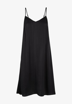 Melnas bezpiedurkņu kleita ar plāniem siksniņām, V-veida izgriezumu, izgatavota no gludas auduma, plūstoša silueta un ceļa garuma griezuma.