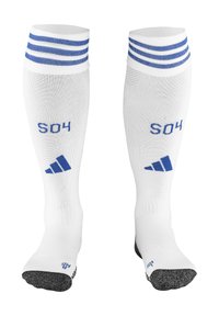 Calzini sportivi bianchi con strisce blu e la scritta "S04." Presentano una zona del piede e un tallone rinforzati di colore nero con un motivo testurizzato.