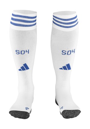 Weiße Sportsocken mit blauen Streifen und dem Text "S04". Verfügt über verstärkte schwarze Zehen- und Fersenbereiche mit einem strukturierten Muster.