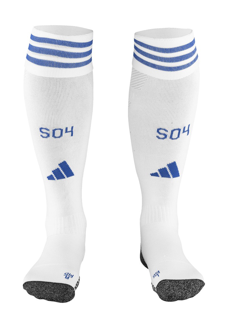 Calzini sportivi bianchi con strisce blu e la scritta "S04." Presentano una zona del piede e un tallone rinforzati di colore nero con un motivo testurizzato.
