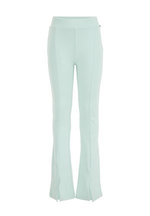 Pantalon côtelé bleu clair taille haute avec coutures devant et petites fentes à l'ourlet évasé.
