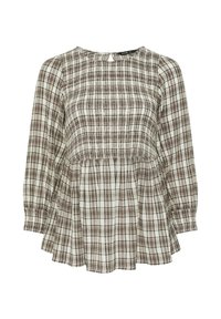Bruine en crème geblokte blouse met lange mouwen, gerimpelde lijfje, ronde halslijn en peplumrand. Gemaakt van lichtgewicht stof.