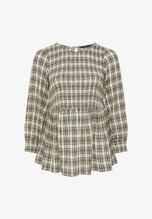 Braun und cremefarben karierte Bluse mit langen Ärmeln, gerafftem Oberteil, rundem Halsausschnitt und schwingendem Saum. Hergestellt aus leichtem Stoff.