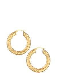 Goldene Creolen mit gewundenem Muster, die eine glatte, glänzende Oberfläche und einen sicheren Verschlussmechanismus aufweisen. Runde Form in mittlerer Größe.