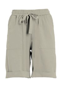 Jasnoszare szorty z miękkiej tkaniny, z elastycznym pasem, sznurkiem do regulacji i dwoma bocznymi kieszeniami z podwiniętymi mankietami.