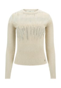 Krémový žebrovaný svetr s kulatým výstřihem, dlouhými rukávy a ozdobnými detaily na přední straně, s logem na lemu.