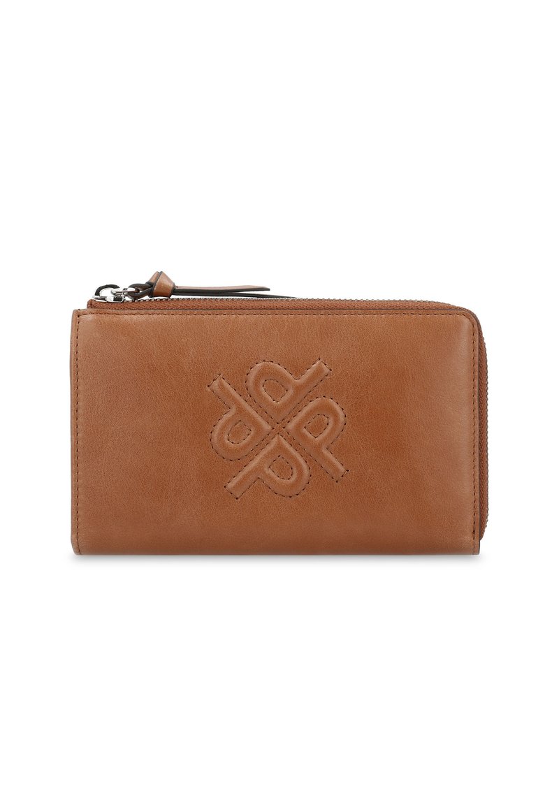 Brown leather wallet with a zip closure, featuring a debossed logo and smooth texture, rectangular shape, and contrasting stitching.