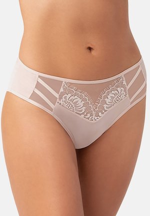 Beige bikini-trusser med gennemsigtige mesh-paneler og blonde-detaljer foran, samt stribede stofdetaljer på siderne.