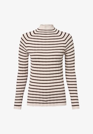 Cremefarbener Rollkragenpullover mit horizontalen braunen Streifen. Rippstruktur, figurbetonter Schnitt, lange Ärmel und ein hoher Kragen.