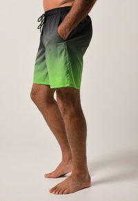 Plavky se zeleno-černým gradientem, elastickým pasem a stahovací šňůrkou. Součástí jsou boční kapsy, s jemným logem poblíž lemu.