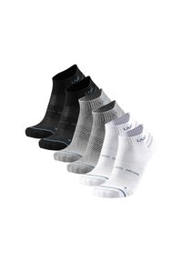 Seks par ankelsokker i sort, grå og hvid. Hver par har forskellige teksturer og mønstre, med logo-detaljer i blåt.