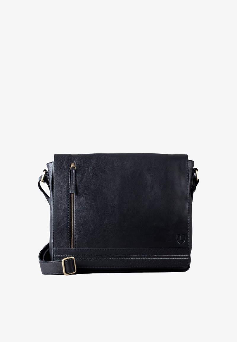 Black leather messenger bag with a zippered front pocket, adjustable strap, and contrast stitching detail. Smooth texture, rectangular shape.