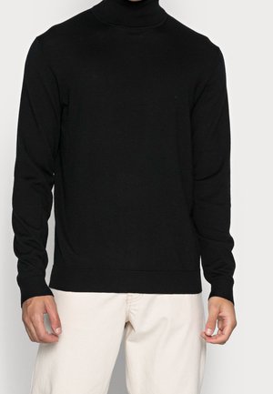 Schwarzer Rollkragenpullover aus Strickstoff mit langen Ärmeln, gerippten Bündchen und einem gerippten Saum. Glatte Textur und schmaler Schnitt.