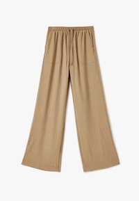 Lichtbruine brede broek gemaakt van textuurstof, met een elastische tailleband en twee zijzakken.