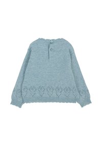 Pull en tricot bleu clair avec un col festonné, deux boutons au dos et des détails en motif diamant au niveau de l'ourlet et des manches.