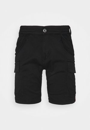 Black cargo shorts with button closure, side flap pockets, and front angled pockets on a plain light background.