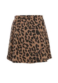 Bruine rok met zwart luipaardprint, uitlopende vorm, geplooide structuur en een zachte textuur, met een eenvoudige zoom.