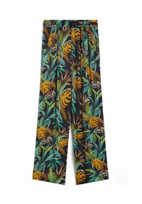 Pantalones florales de tejido oscuro con hojas verdes y acentos naranjas. Corte holgado con una cintura elástica y bolsillos laterales.