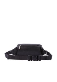 Marsupio nero con superficie texturizzata, cinturino regolabile, scomparto con zip e dettagli con logo sul cinturino. Design compatto e funzionale.