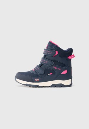 Children's navy blue winter boot with pink accents, three Velcro straps, waterproof label, and rugged white sole.