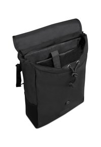 Black fabric backpack featuring a roll-top design, adjustable straps, and an inner compartment with reinforcement for laptops or books.