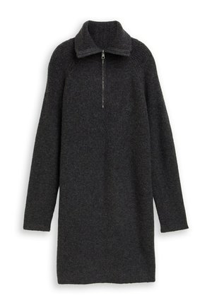 Dunkelgrauer Strickpullover mit hohem Kragen, ausgestattet mit einem halben Reißverschluss an der Vorderseite und langen Ärmeln, aus weichem, strukturiertem Stoff gefertigt.