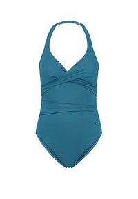 Tyrkysový jednodílný plavky s halter krkem, křížovým designem v oblasti přední části, hladkým materiálem a malou logem v blízkosti boků.