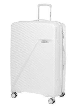 White hardshell suitcase with a textured diagonal stripe design, retractable handle, and four wheels; features a logo label on the front.
