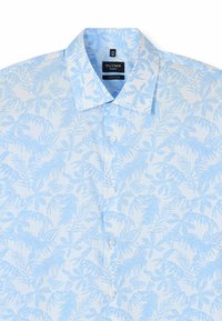 Light blue floral pattern men's button-up dress shirt with spread collar, size 41/16, super slim fit by Olymp brand.